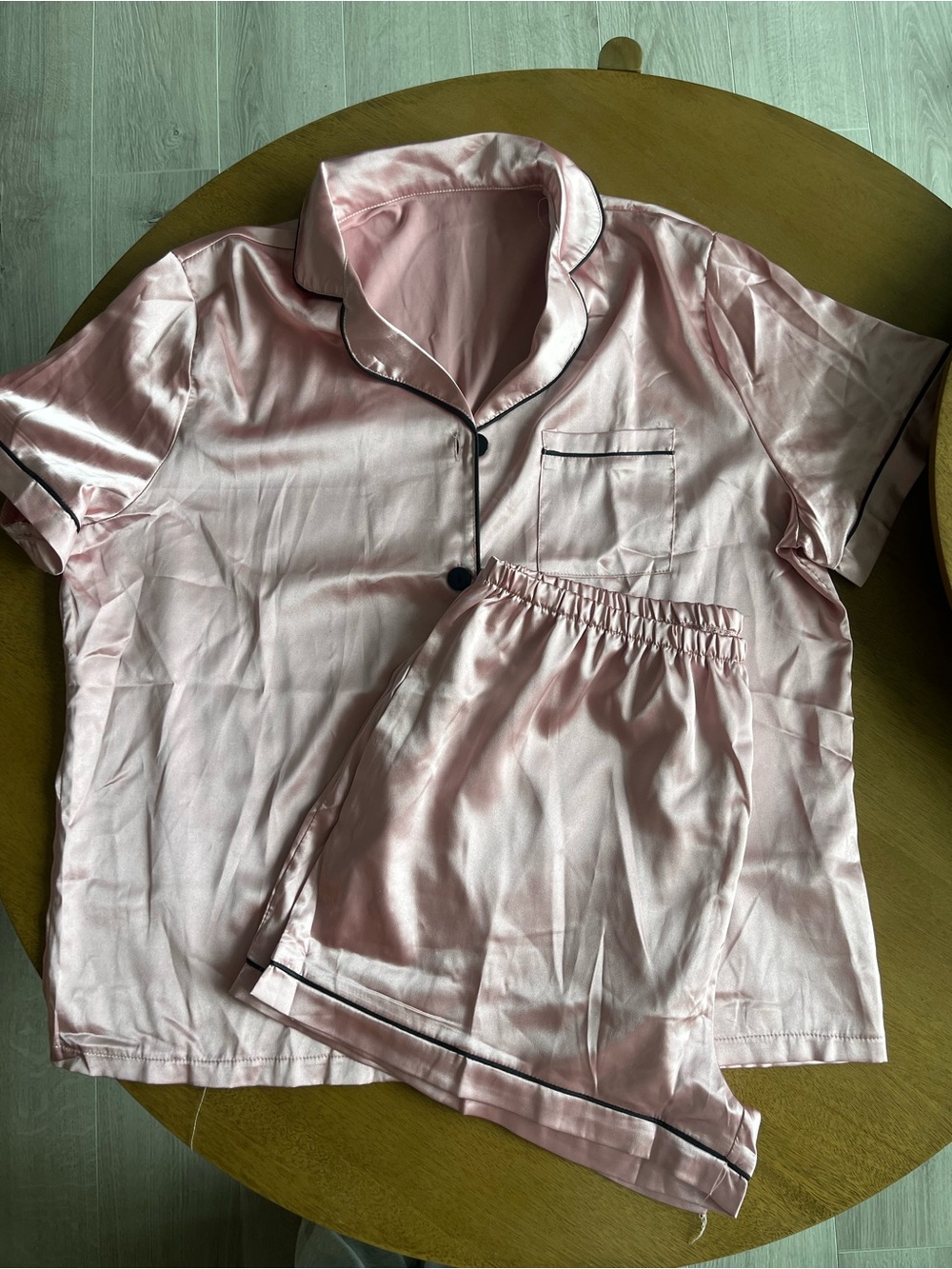 NWOT Satin Pink Short Sleeve Pajama Set with Black Piping